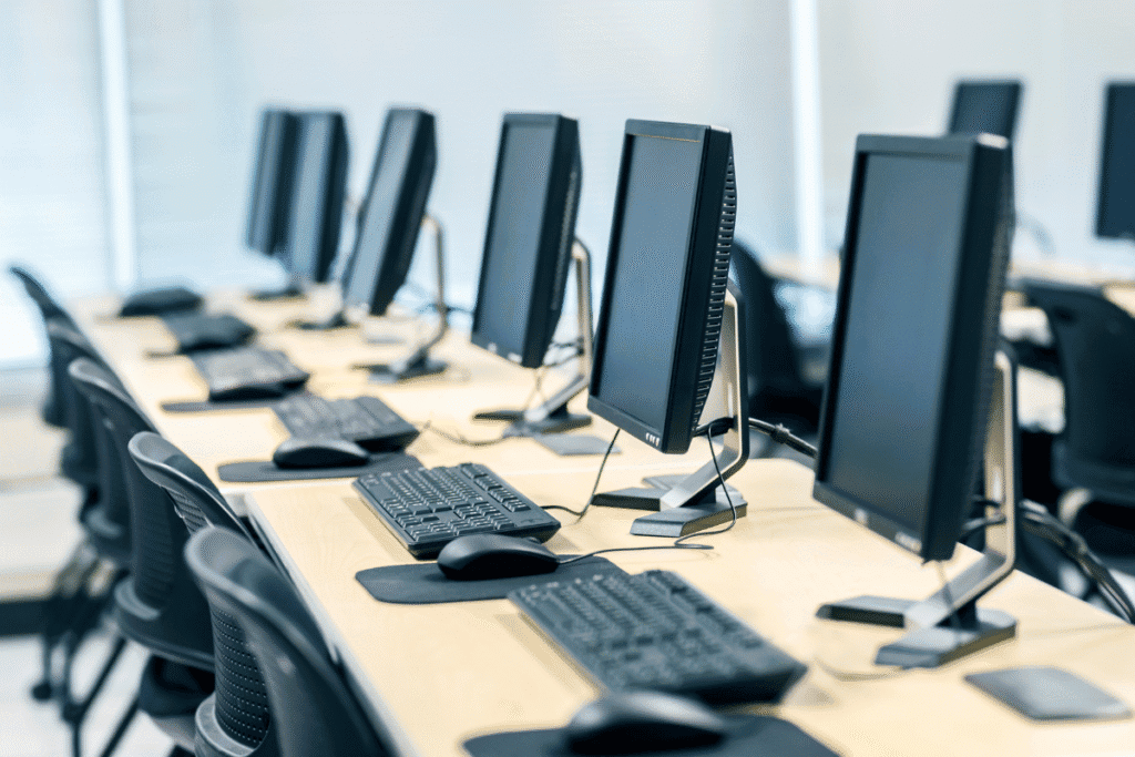 Row of desktop computers with keyboards and monitors set up in a modern office or training room, representing PC lifecycle management in a business environment